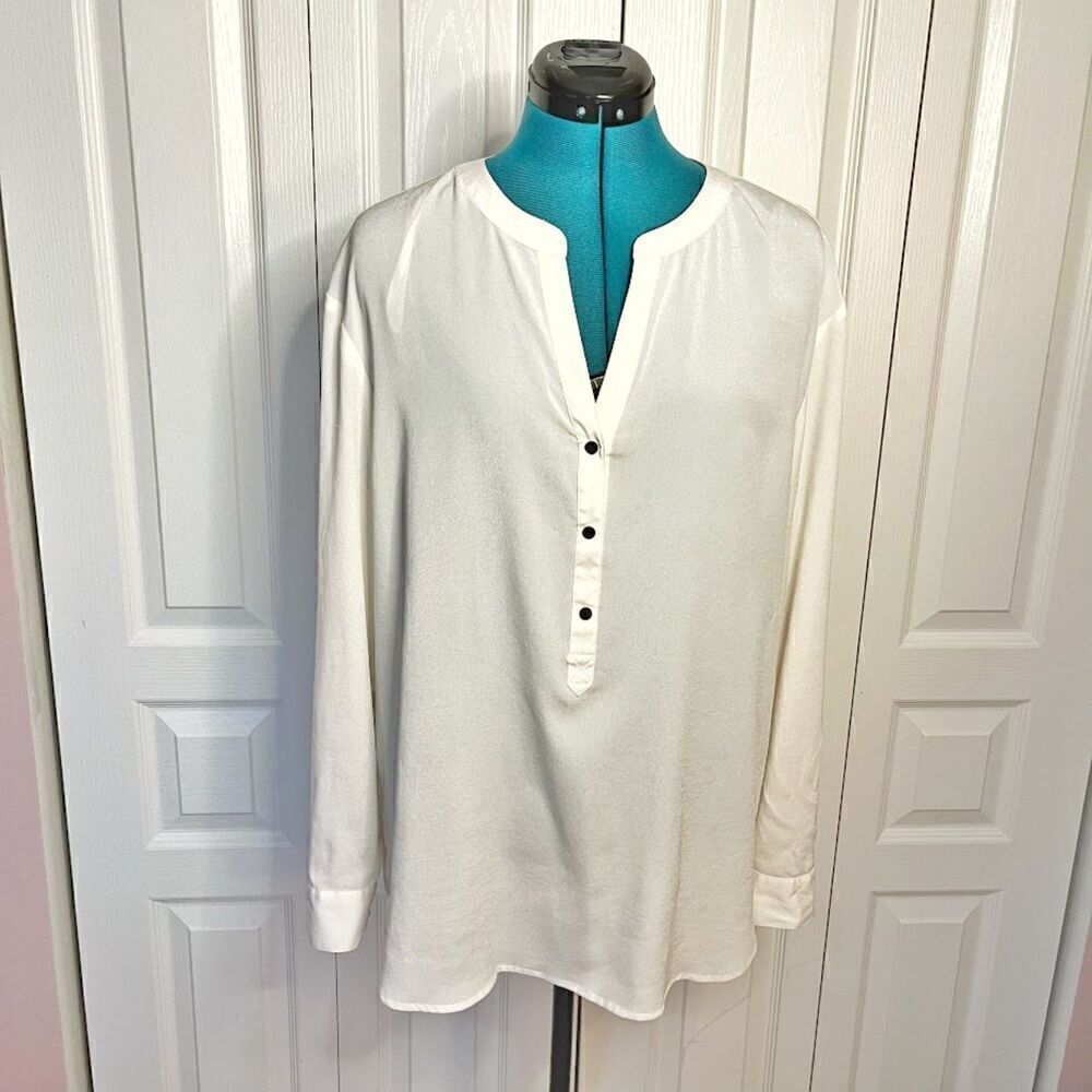 Adrianna Papell XL Cream Split V Neck Button Long Sleeve Unlined Career Blouse